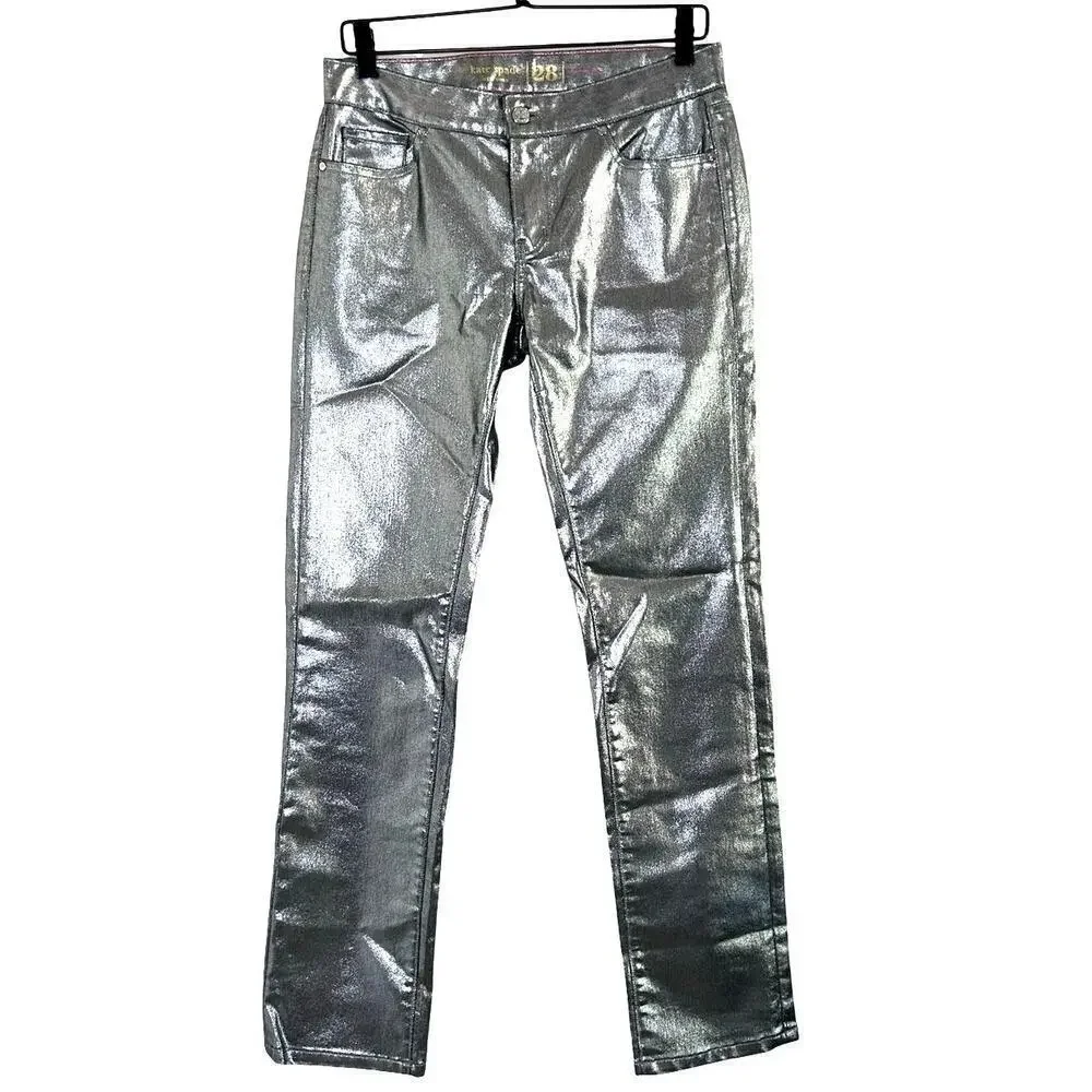 NWOT Kate Spade Women’s Metallic Straight Leg Denim Pants Silver Size 28